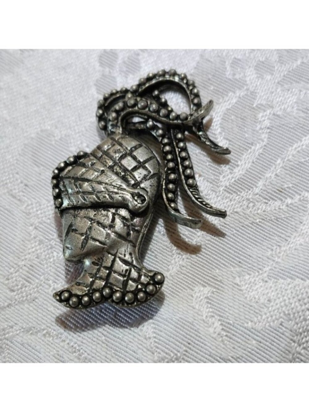 Vintage Silver Tone Knight Brooch Pin Detailed Textured Design 2 Inches Antique